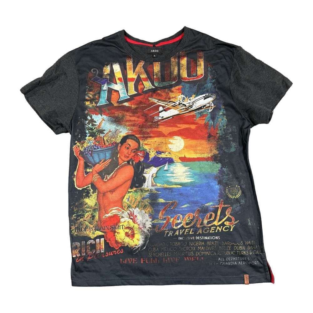 AKOO Mens Secrets Travel Agency Graphic T-Shirt Black Gray XL Tropical Hula Girl